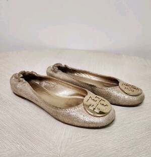 TORY BURCH 'Minnie' Travel Ballet Flat Royal Mettalic Gold Glitter Logo Sz 6M